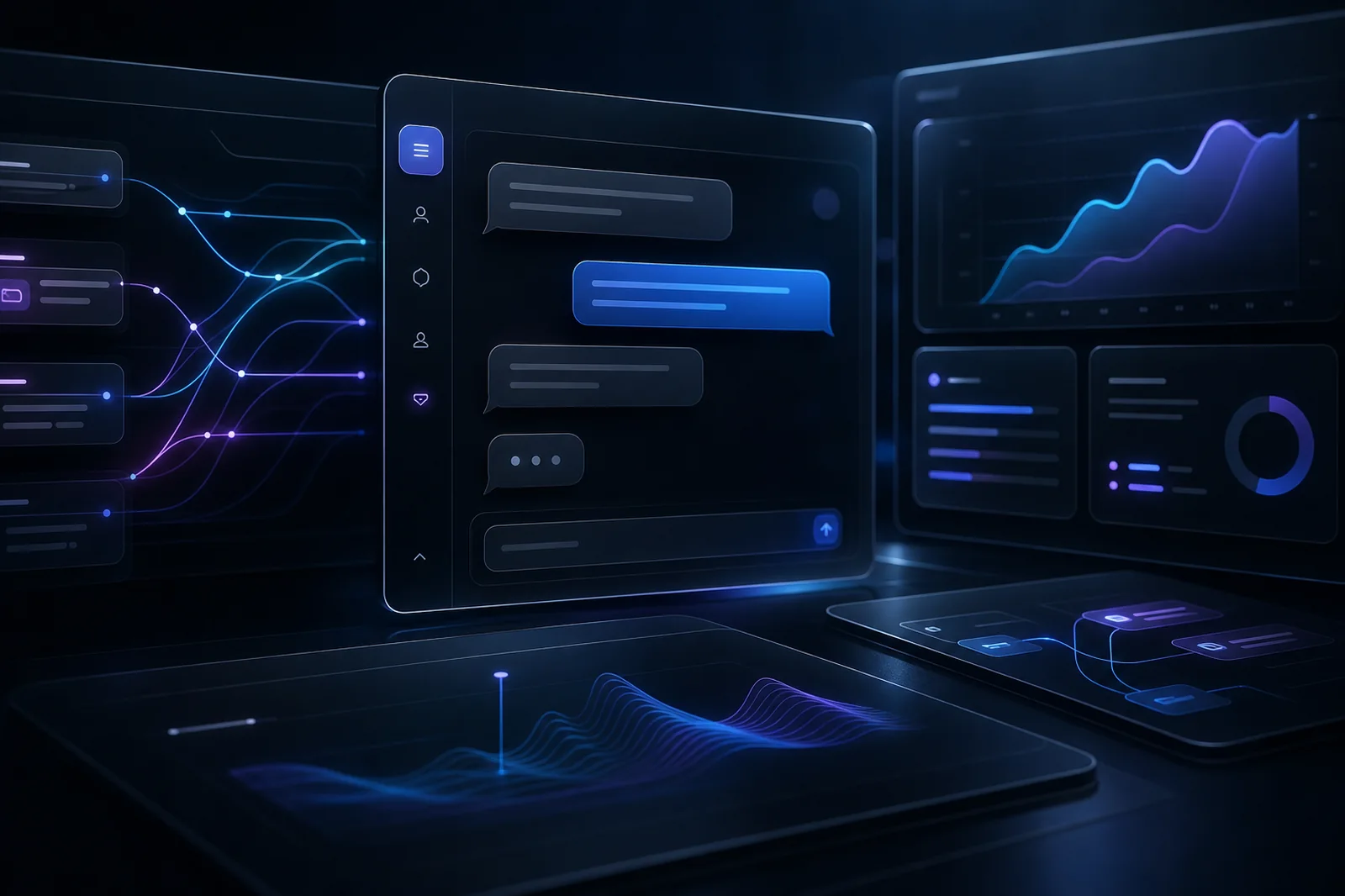 AI product interface with assistant chat and dashboard panels