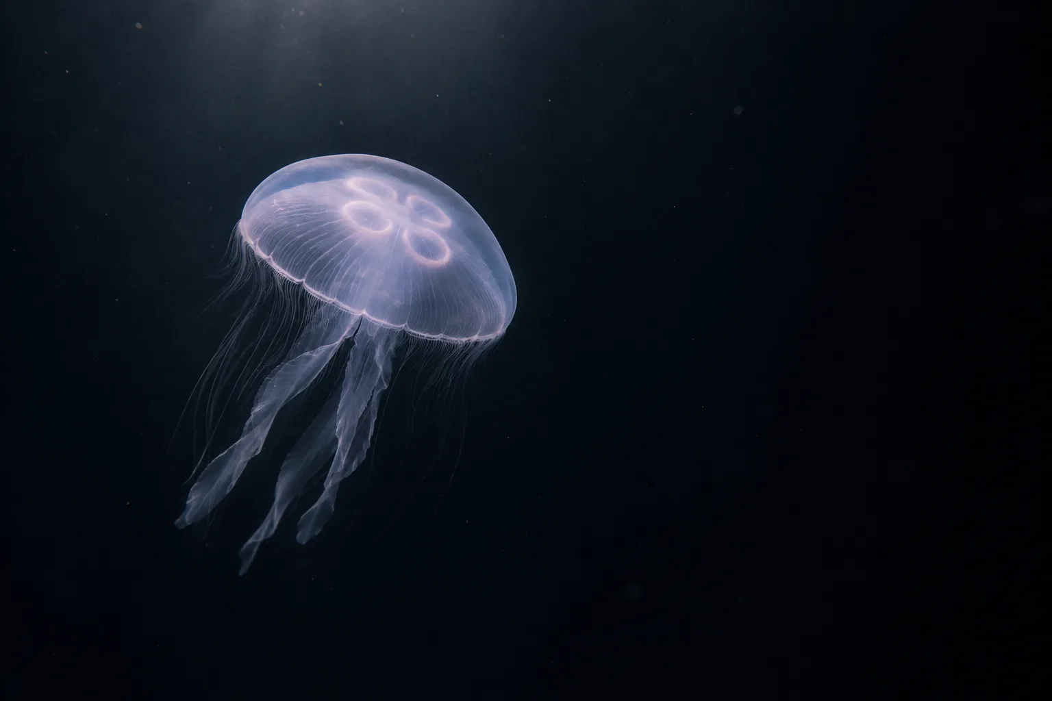 A translucent moon jellyfish drifting in dark water